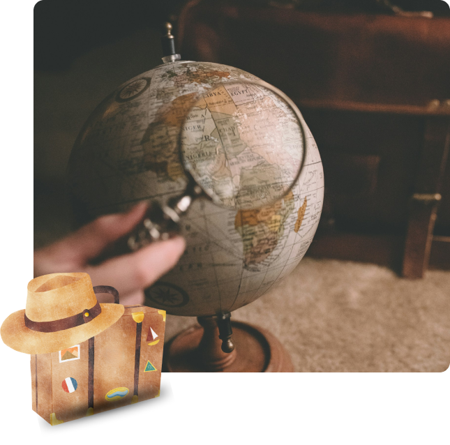 Globe terrestre, valise de voyage et chapeau représentant Itinéraires Lointains l'agence de voyage spécialisé dans les excursion en Inde en groupe et les circuits sur mesure